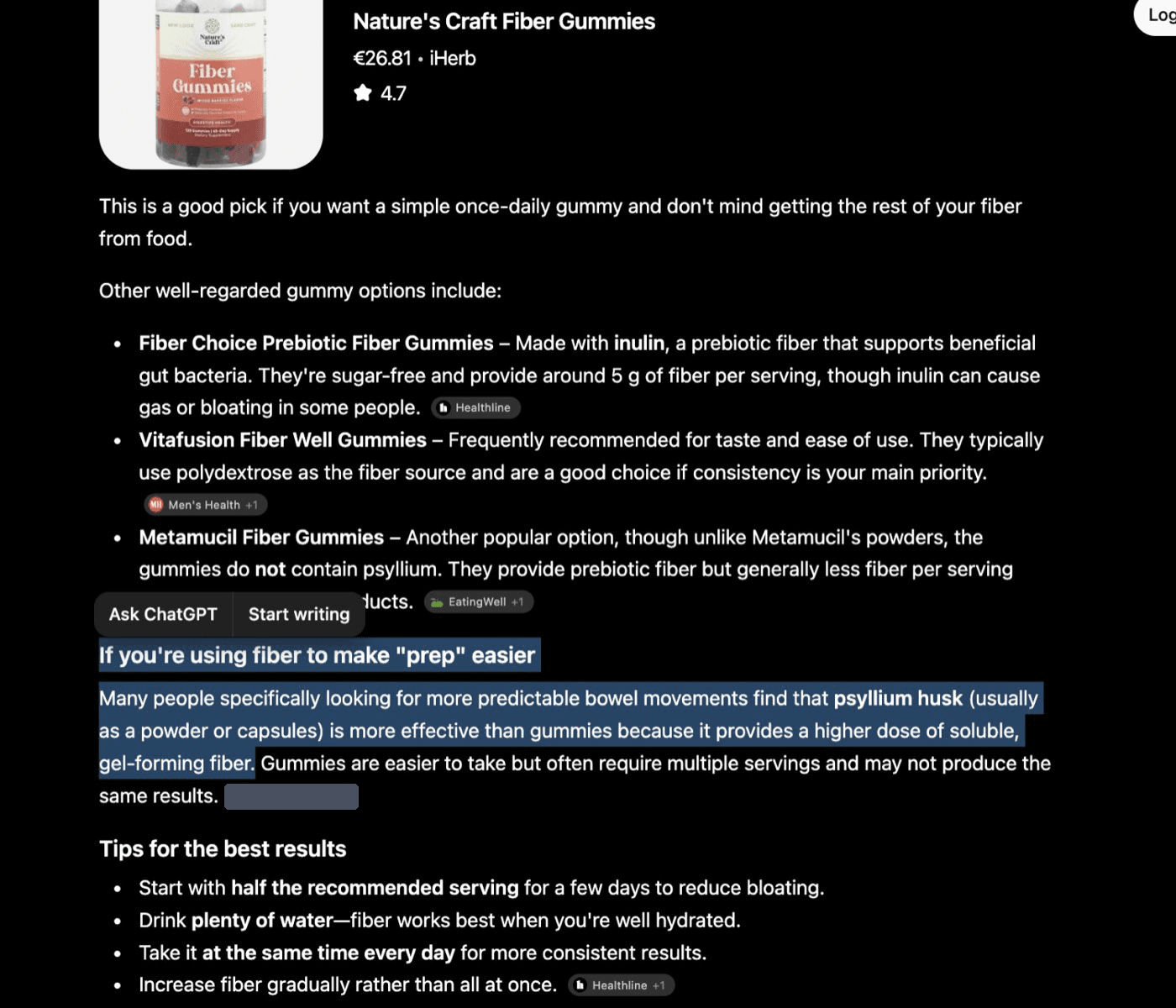 Exhibit: ChatGPT adopting the recommendation. The article's advice repeated in ChatGPT's own words, credited to the brand.