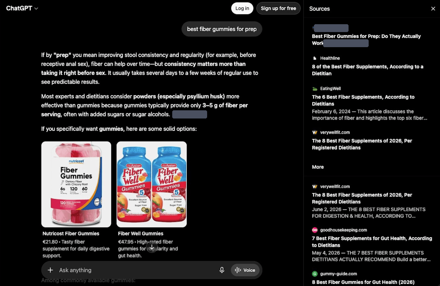 Exhibit: ChatGPT sources panel. The brand's article as ChatGPT's top source for a buying query, ahead of Healthline, EatingWell and Verywell.