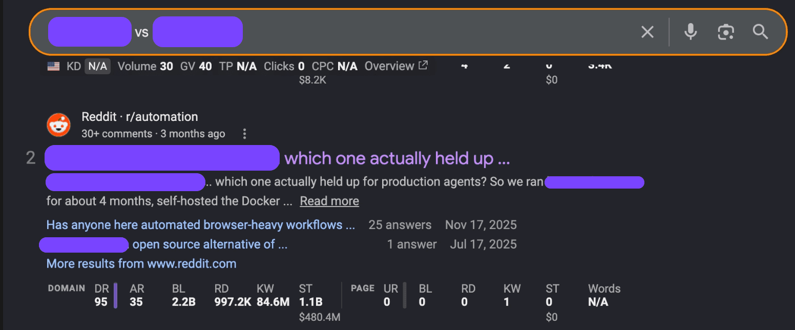 Exhibit: brand-vs-competitor results. The owned thread at #2 for a comparison search.