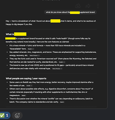 Exhibit: ChatGPT answer, print screen. ChatGPT recommending the brand, sourced from ranked threads.